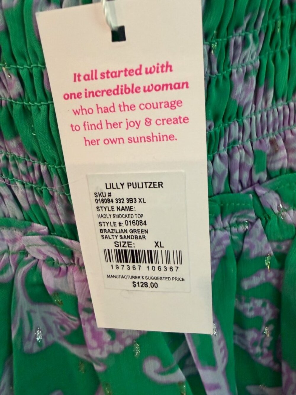 NWT Lilly Pulitzer Hadly Smocked Peplum Top Brazilian Green Salty Sandbar XL - Picture 4 of 5